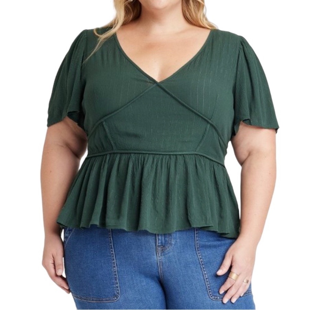 NWT Short Sleeve Embroidered Blouse - Knox Rose Dark Green 1X & 2x